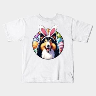 Collie with Bunny Ears Enjoys Easter Egg Adventure Kids T-Shirt